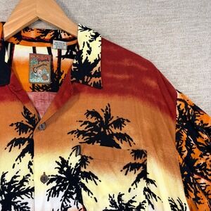 Pineapple Connection Men Vintage Hawaiian Camp Shirt Sunset Palm Tree Surfer Med